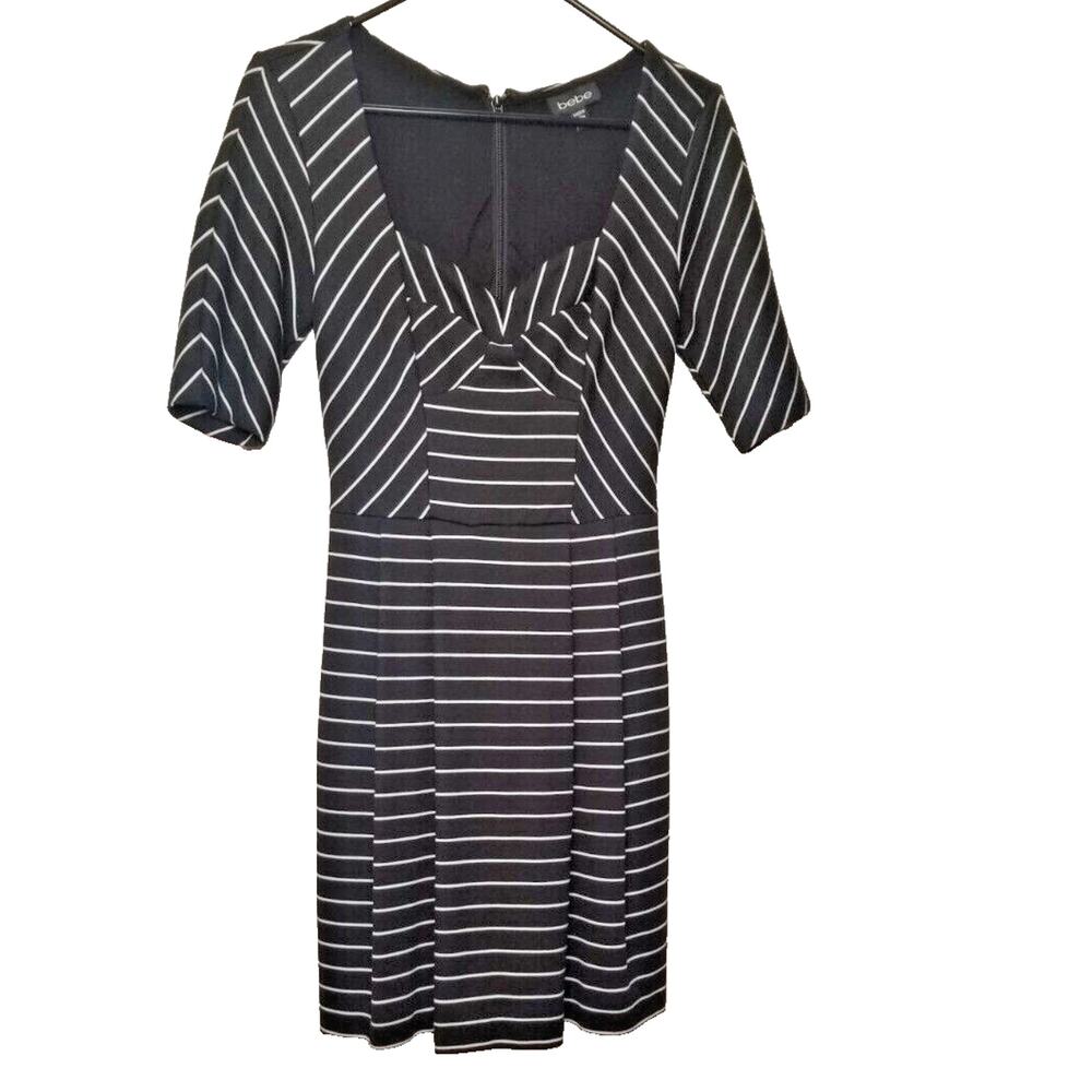 Bebe XS Black White Stripe Flare dress 3/4 sleeve stretch Career Party Retro